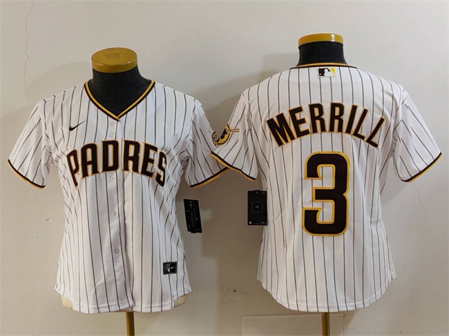 Women's San Diego Padres #3 Jackson Merrill White Stitched Baseball Jersey(Run Small) Women's San Diego Padres #3 Jackson Merrill White Stitched Baseball Jersey(Run Small)